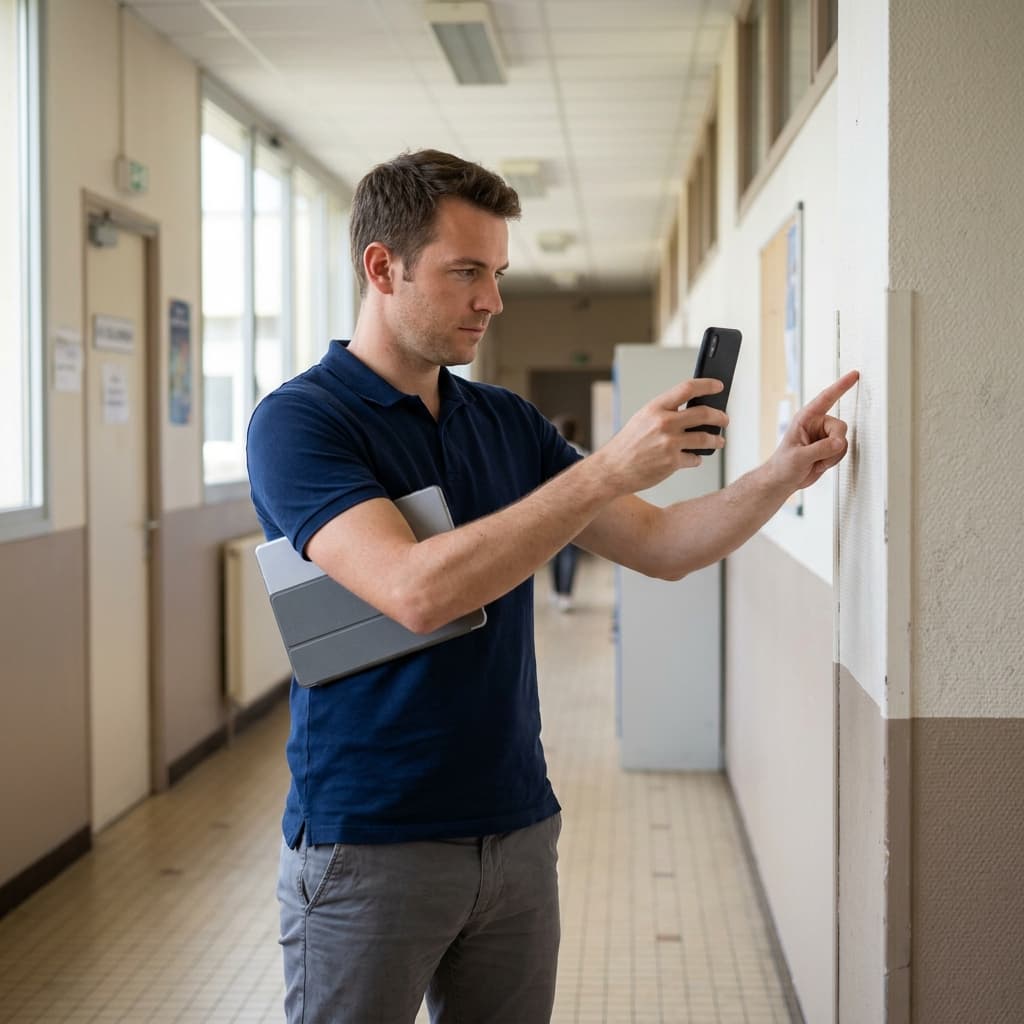 Auditeur CertiClean photographiant un point de contrôle dans le couloir d'une école