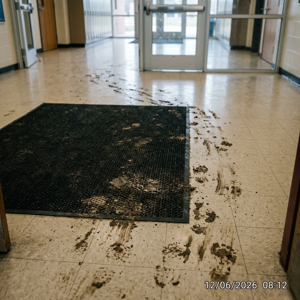 Entrée de l'école — tapis saturé, salissures reportées sur le carrelage