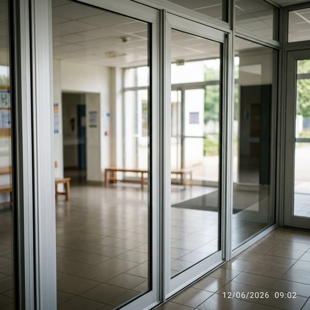 Vitrerie de l'entrée — vitres nettes et encadrements dépoussiérés, conforme au CCTP