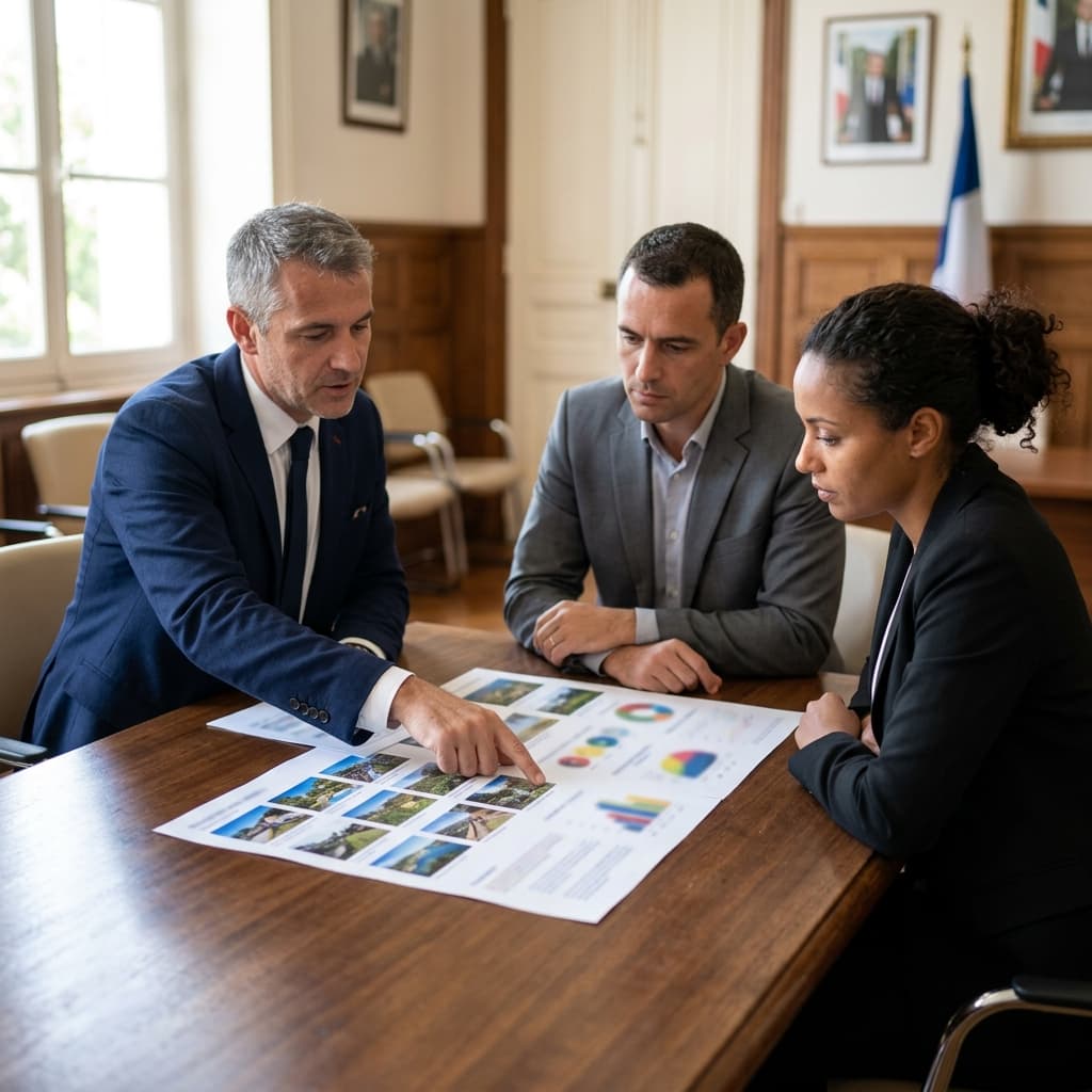 Élus municipaux en réunion examinant un rapport d'audit nettoyage CertiClean