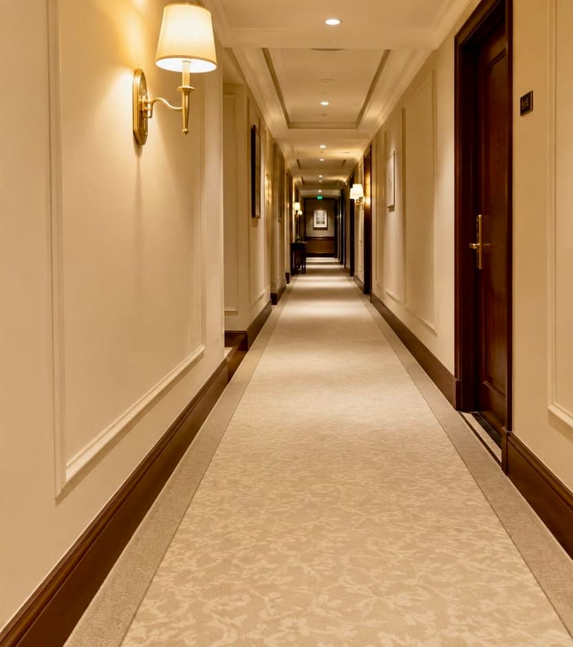 Couloir d'hôtel après plan correctif CertiClean — moquette et bas de murs propres