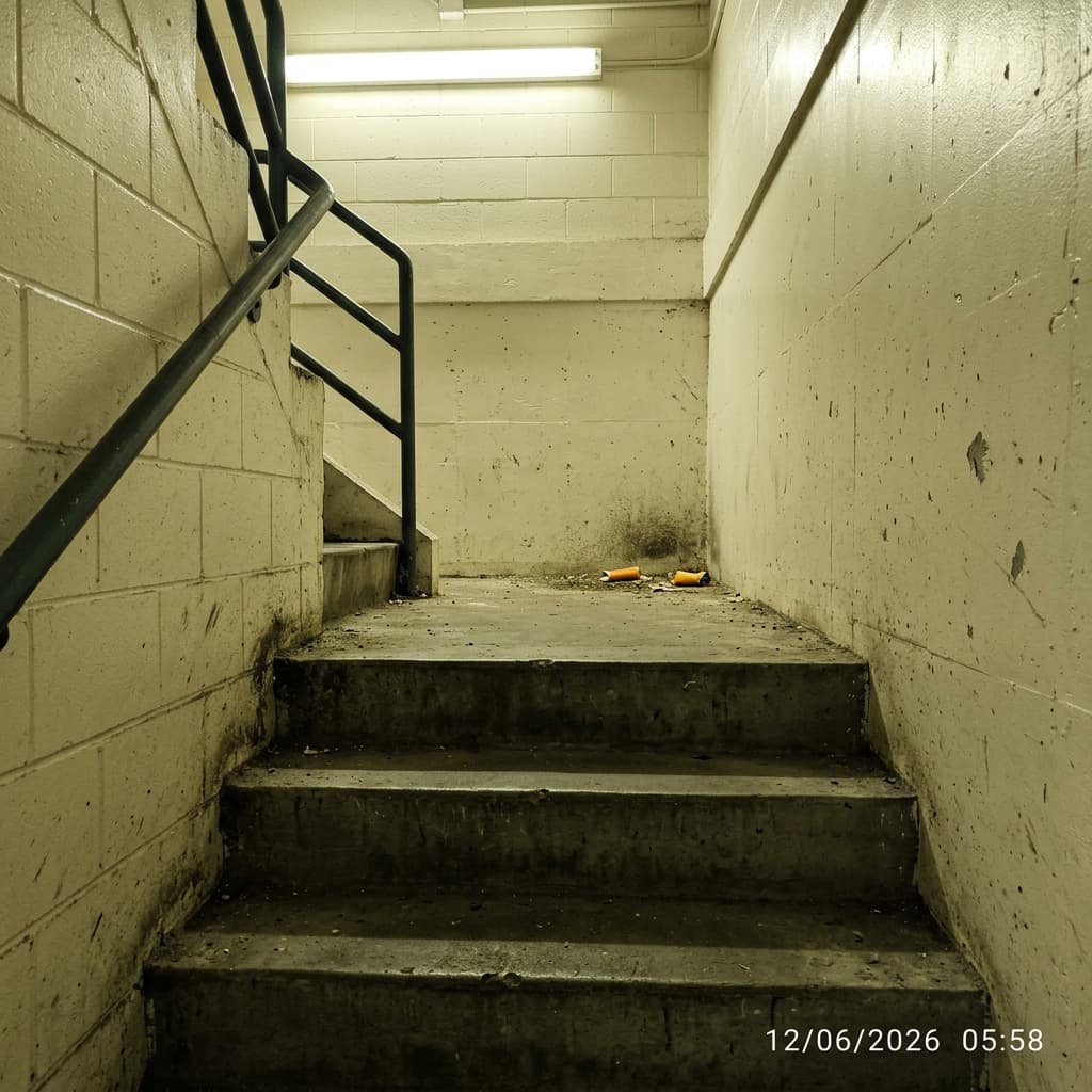 Escalier B — angles encrassés et mégots sur le palier