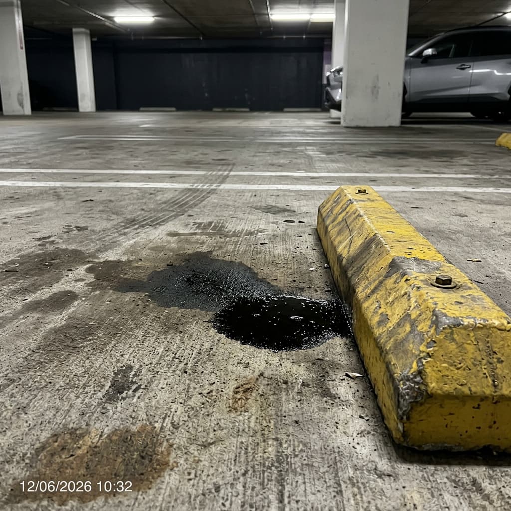 Flaque d'hydrocarbures non traitée dans une allée piétonne de parking — non-conformité critique