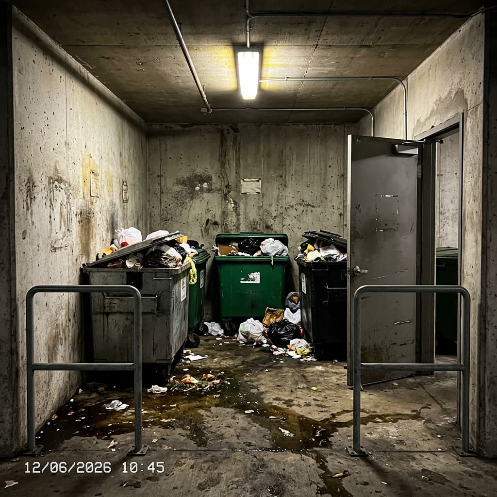 Local conteneurs de parking — écoulements non traités, risque nuisibles