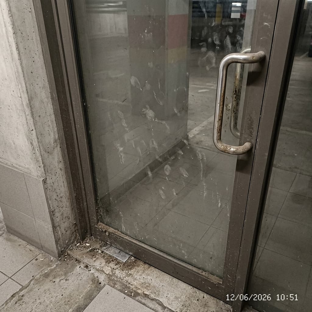 Sas piéton de parking — vitrophanie encrassée au premier contact client