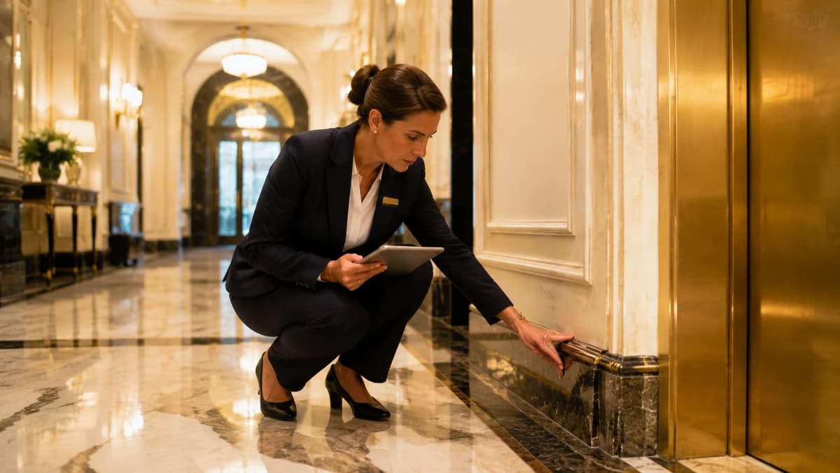 Auditeur CertiClean inspectant les parties communes d'un hôtel premium