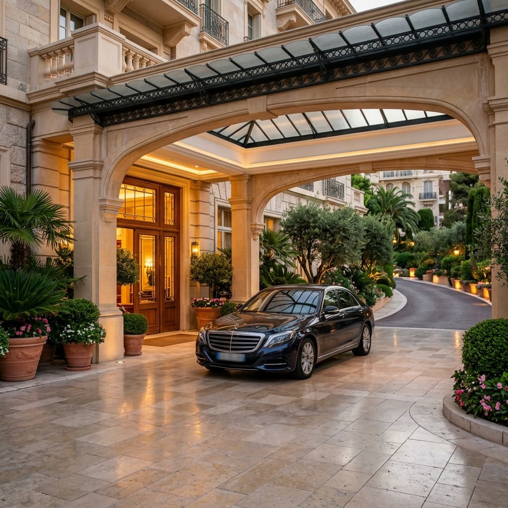 Arrivée voiturier d'un hôtel de luxe avec parking privatif sur la Côte d'Azur