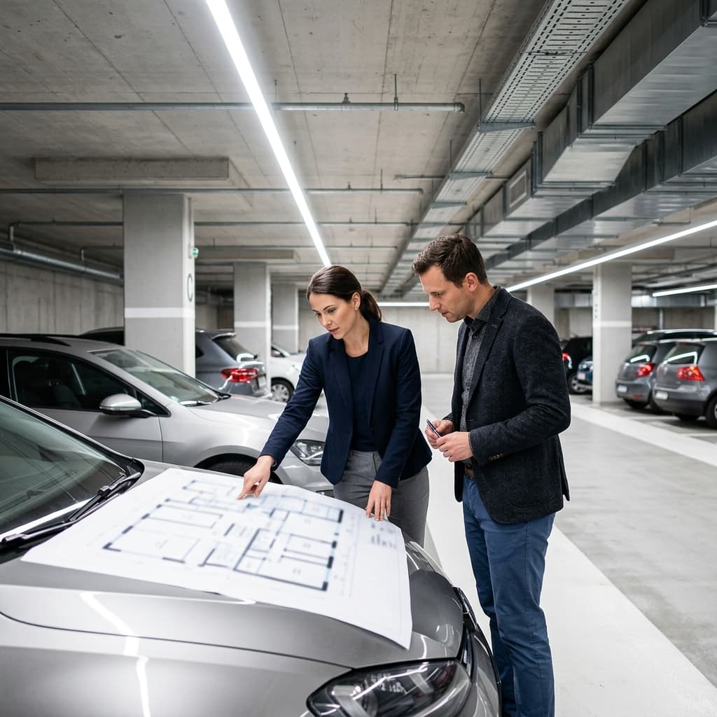 Cadrage de l'audit avec l'exploitant — plan des niveaux du parking posé sur un capot