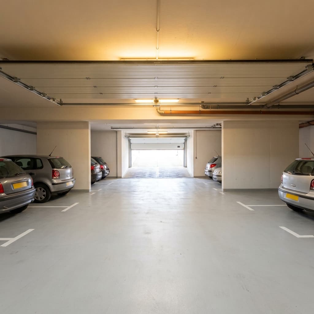 Parking résidentiel de copropriété en sous-sol, places marquées et porte basculante